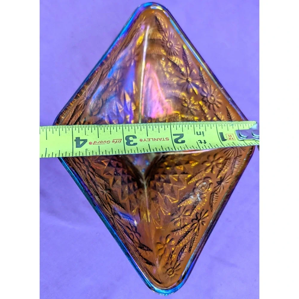 Indiana Carnival Glass Diamond Shaped Pedestal Dish Amber Iridescent Vintage